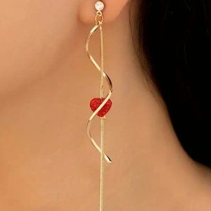 🌺 🌺🌺  Elegant Red Heart Earrings - Spiral Dangle